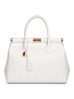 Sharo White Structured Satchel Handbag with Gold Turn Lock & Padlock Charm